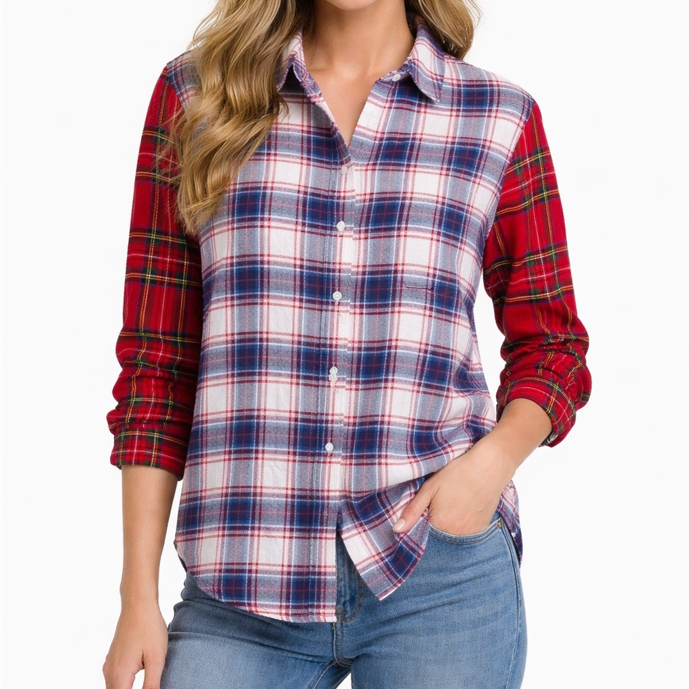 American Eagle Womens S Mixed Plaid Flannel Shirt Red Tartan 100% Cotton